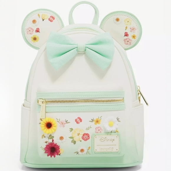 Loungefly Disney Minnie Mouse Pressed Flower Bow Backpack Green White - Picture 1 of 9